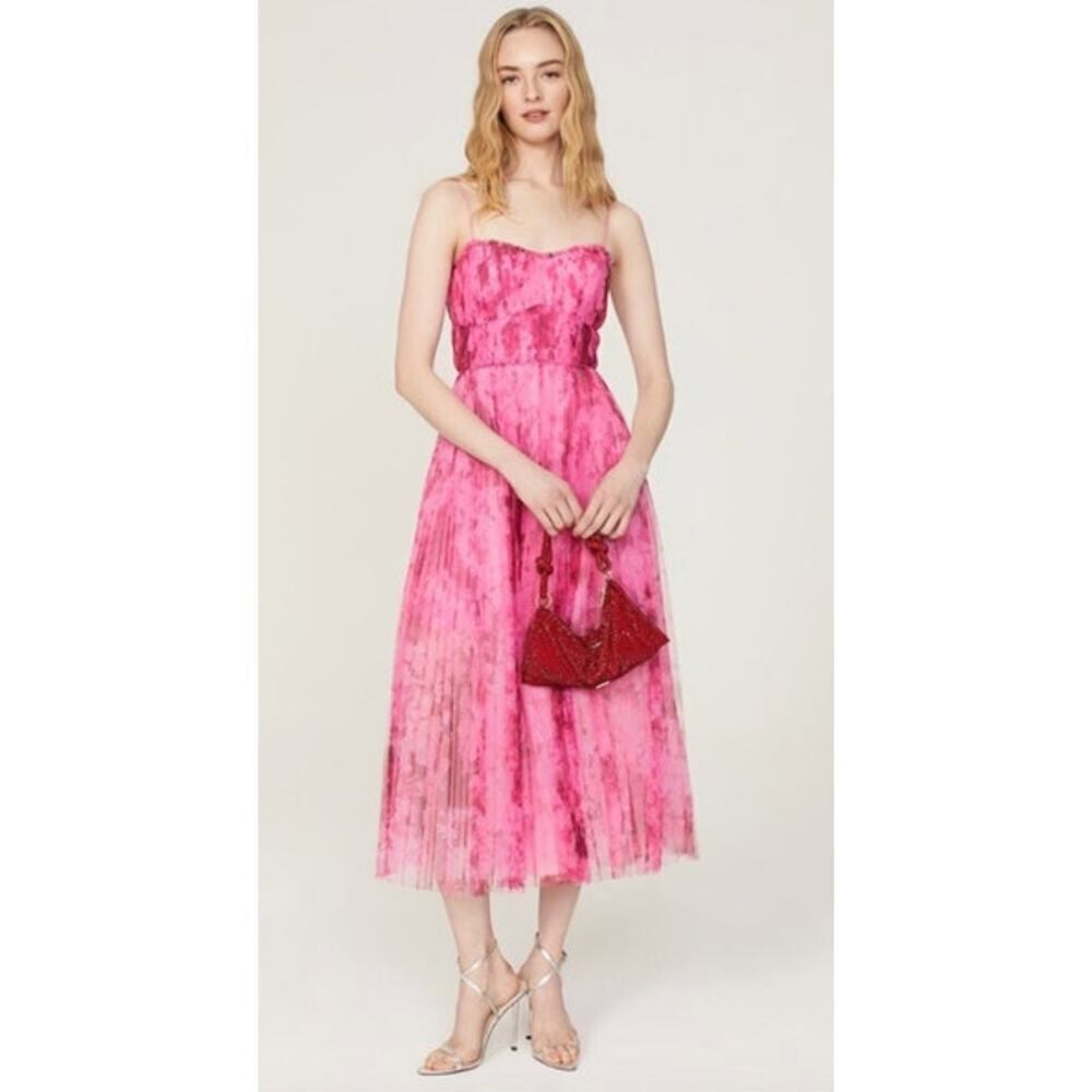 ML Monique Lhuillier Pleated Tulle Dress Floral Sleeveless Midi A-Line Pink 8